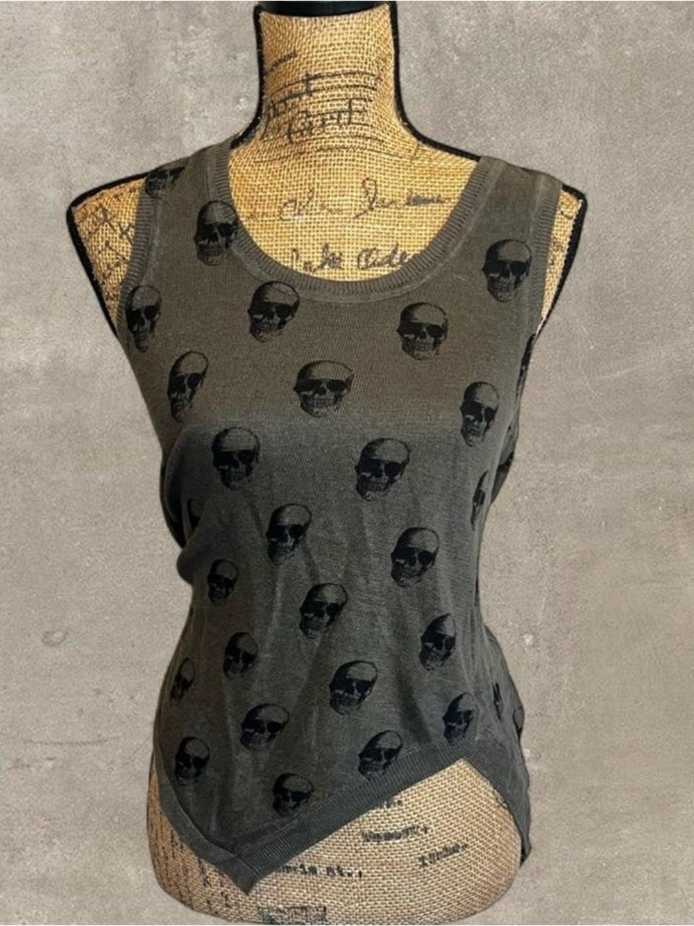 Skull Cashmere Olive Green Tank with Black Skull Pattern